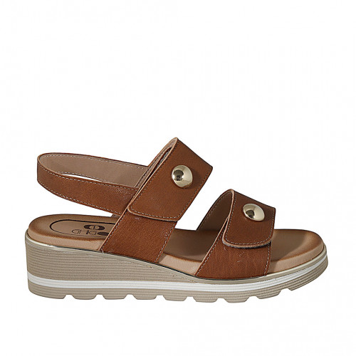 Woman's sandal with velcro strap and studs in cognac brown leather wedge heel 4 - Available sizes:  42
