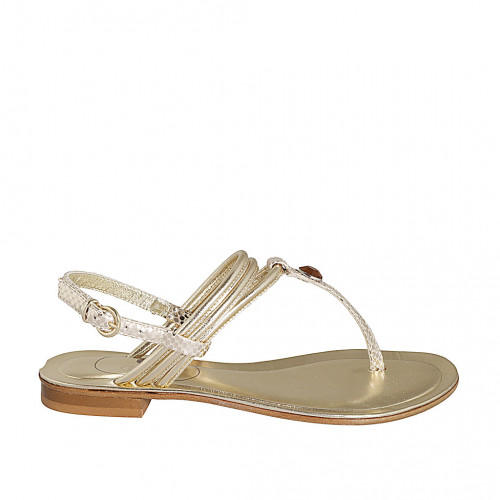 Woman's thong sandal in platinum laminated printed leather with rhinestones heel 1 - Available sizes:  43