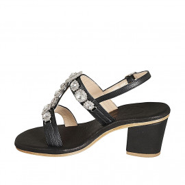 Sandale pour femmes avec strass de cristal en forme de fleurs en cuir noir talon 6 - Pointures disponibles:  42, 43, 44, 45, 46 2