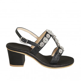 Sandalia para mujer en piel negra con pedreria de cristal a forma de flores tacon 6 - Tallas disponibles:  42, 43, 44, 45, 46