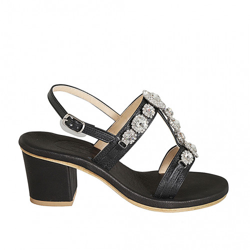Sandalo da donna con strass di cristalli a fiori in pelle nera tacco 6 - Misure disponibili: 42, 43, 44, 45, 46