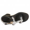 Woman's sandal  with crystal flower-shaped rhinestones in black leather heel 6 - Available sizes:  42, 43, 44, 45, 46