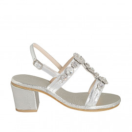 Woman's sandal  with crystal flowers-shaped rhinestones in laminated silver leather heel 6 - Available sizes:  42