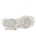 Woman's sandal  with crystal flowers-shaped rhinestones in laminated silver leather heel 6 - Available sizes:  42