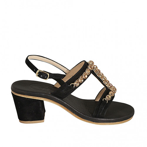 Sandale pour femmes avec strass de cristal doré en daim noir talon 6 - Pointures disponibles:  32, 34, 42, 43, 46