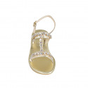 Woman's sandal with golden crystal rhinestones in laminated platinum leather heel 6 - Available sizes:  42, 45