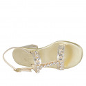 Woman's sandal with golden crystal rhinestones in laminated platinum leather heel 6 - Available sizes:  42, 45