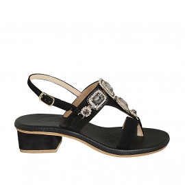 Sandalo a infradito da donna in camoscio nero con strass di cristalli quadrati tacco 4 - Misure disponibili: 33, 42, 45