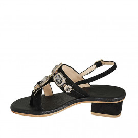 Sandalo a infradito da donna in camoscio nero con strass di cristalli quadrati tacco 4 - Misure disponibili: 33, 42, 45 2