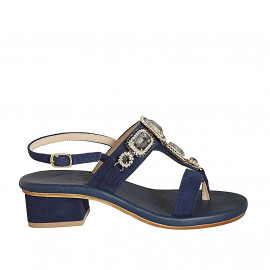 Sandalo a infradito da donna in camoscio blu con strass di cristalli quadrati tacco 4 - Misure disponibili: 32, 44