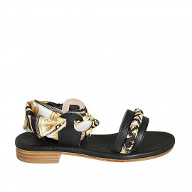 Woman's sandal in black leather with anklestrap and pattened scarf accessory heel 2 - Available sizes:  33