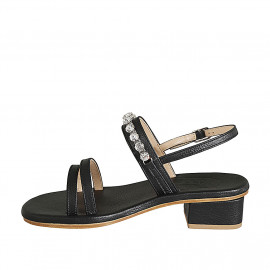 Sandalia en piel negra con pedreria de cristal para mujer tacon 4 - Tallas disponibles:  42, 43, 46 2