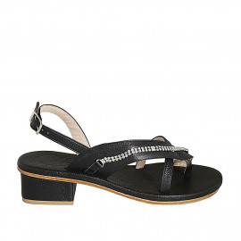 Woman's thong sandal in black leather with crystal rhinestones heel 4 - Available sizes:  42, 43, 44, 46