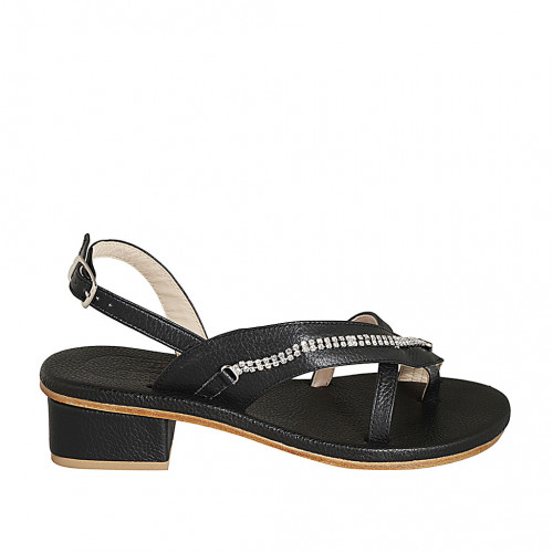 Woman's thong sandal in black leather with crystal rhinestones heel 4 - Available sizes:  42, 43, 44, 46