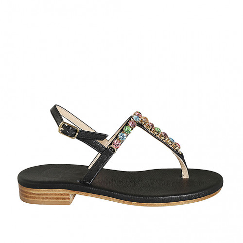 Sandalo infradito da donna in pelle nera con strass di cristalli multicolor tacco 2 - Misure disponibili: 42
