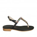 Sandalo infradito da donna in pelle nera con strass di cristalli multicolor tacco 2 - Misure disponibili: 42