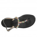 Woman's thong sandal in black leather with multicolored crystal rhinestones heel 2 - Available sizes:  42