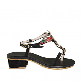 Sandalo infradito da donna in camoscio nero con strass di cristalli a forma di frutta e cinturino tacco 4 - Misure disponibili: 42