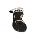 Woman's sandal with flower-shaped crystal rhinestones in black suede heel 4 - Available sizes:  32