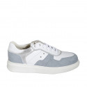 Woman's laced shoe in white and silver laminated leather and light blue suede with removable insole and rhinestones wedge heel 4 - Available sizes:  42, 43, 44