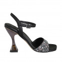 Sandalia con cinturon y pedreria de cristal multicolor para mujer en piel negra tacon 10 - Tallas disponibles:  34, 42