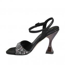 Sandale avec courroie et strass en cristal multicouleur pour femmes en cuir noir talon 10 - Pointures disponibles:  34, 42 2
