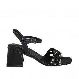 Sandalo da donna con cinturino e strass di cristalli multicolor in pelle nera tacco 6 - Misure disponibili: 32, 42, 44, 45, 46