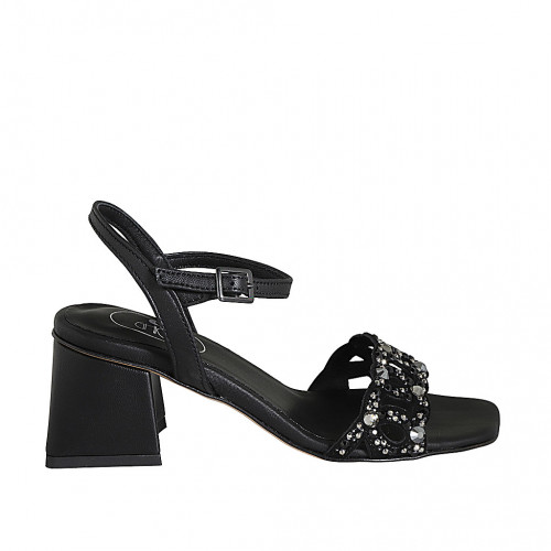 Woman's strap sandal with multicolored crystal rhinestones in black leather heel 6 - Available sizes:  32, 42, 44, 45, 46