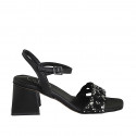 Woman's strap sandal with multicolored crystal rhinestones in black leather heel 6 - Available sizes:  32, 42, 44, 45, 46