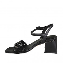 Sandale avec courroie et strass en cristal multicouleur pour femmes en cuir noir talon 6 - Pointures disponibles:  32, 42, 44, 45, 46 2