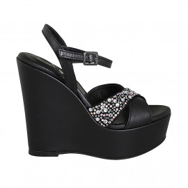 Woman's sandal in black leather with strap, multicolored crystal rhinestones, platform and wedge heel 12 - Available sizes:  32, 43, 44