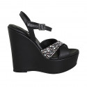 Woman's sandal in black leather with strap, multicolored crystal rhinestones, platform and wedge heel 12 - Available sizes:  32, 43, 44