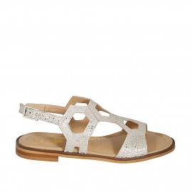 Woman's sandal in platinum laminated printed beige suede heel 2 - Available sizes:  32