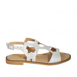 Woman's sandal in silver laminated printed white suede heel 2 - Available sizes:  32, 33