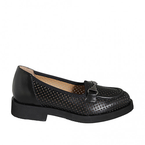 Mocassin pour femmes avec accessoire et semelle amovible en cuir perforé noir talon 3 - Pointures disponibles:  31