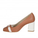 Woman's pump in cognac brown and light beige leather heel 8 - Available sizes:  34, 42