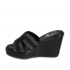 Woman's mules in black rope fabric with rhinestones, platform and wedge heel 9 - Available sizes:  42 2