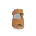 Woman's mules in cognac brown leather with velcro and removable insole wedge heel 5 - Available sizes:  42, 43