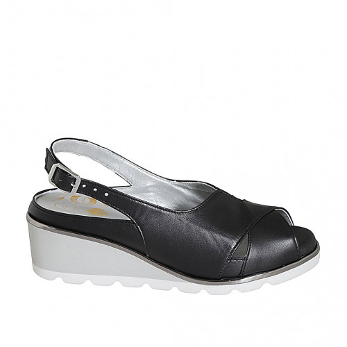 Sandale pour femmes avec semelle interieur amovible en cuir noir talon compensé 5 - Pointures disponibles:  42