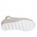 Woman's sandal with removable insole in beige leather and platinum printed beige suede wedge heel 5 - Available sizes:  45