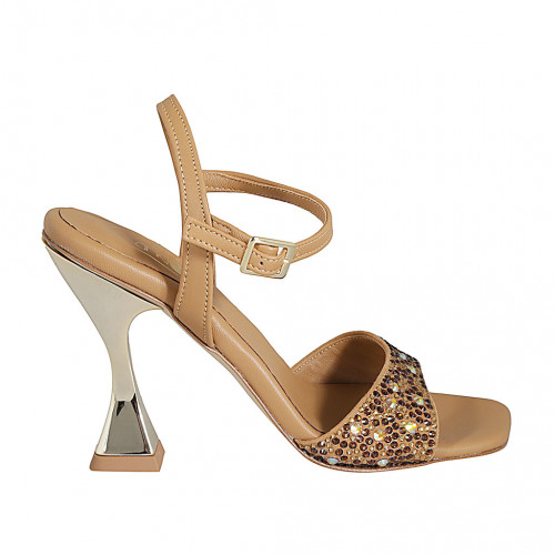 Sandalia con cinturon y pedreria de cristal multicolor para mujer en piel cognac tacon 10 - Tallas disponibles:  42, 43