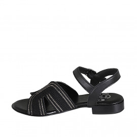 Woman's strap sandal in black leather and rope fabric with rhinestones and heel 2 - Available sizes:  32 2