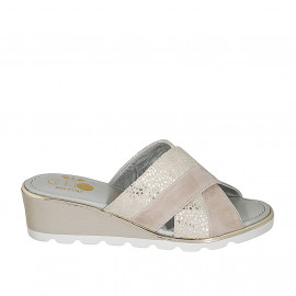 Woman's mule in taupe suede and platinum printed beige suede wedge heel 5 - Available sizes:  42, 43