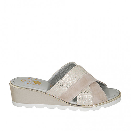 Woman's mule in taupe suede and platinum printed beige suede wedge heel 5 - Available sizes:  42, 43