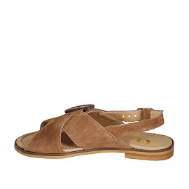 Sandalia para mujer con hebilla ajustable en gamuza color cognac tacon 2 - Tallas disponibles:  32 2
