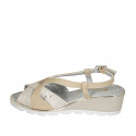 Woman's sandal in beige leather and platinum printed suede with elastic band and wedge heel 5 - Available sizes:  42