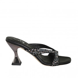 Sabot con strass di cristalli da donna in camoscio nero tacco 8 - Misure disponibili: 32