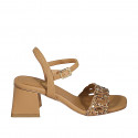 Sandalia con cinturon y pedreria de cristal multicolor para mujer en piel cognac tacon 6 - Tallas disponibles:  42, 44, 45, 46