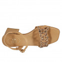 Woman's strap sandal with multicolored crystal rhinestones in cognac brown leather heel 6 - Available sizes:  42, 44, 45, 46