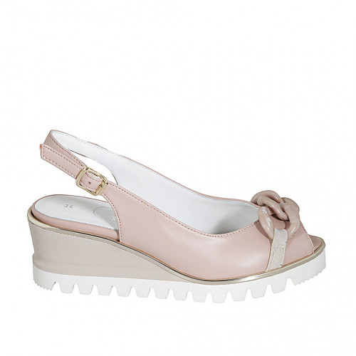 Woman's sandal in light pink leather with chain wedge heel 6 - Available sizes:  42